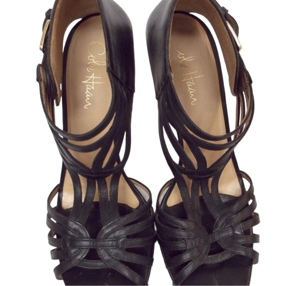 Cole Haan Black Leather Strappy Sandal Heels - Picture 4 of 9